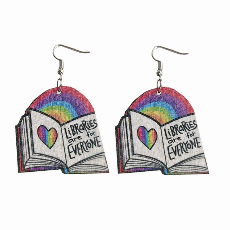 Wholesale 2 Pairs/Pack Book Rainbow Heart Wood Earrings