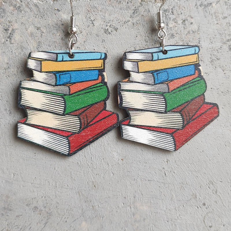 Wholesale 2 Pairs/Pack Book Rainbow Heart Wood Earrings