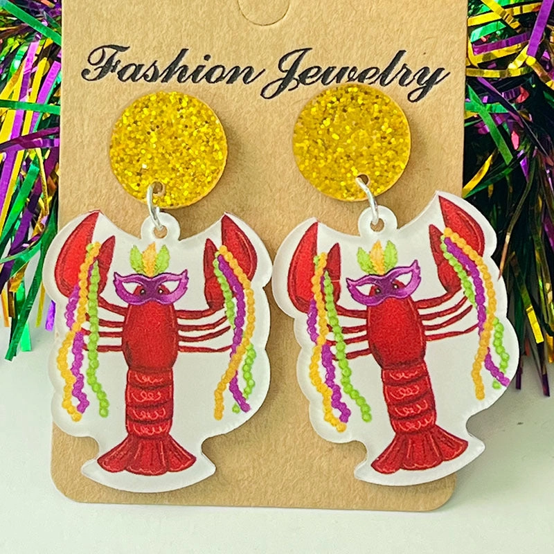 Wholesale 2 Pairs/pack Carnival Crocodile Lobster Love Acrylic  Mardi Gras Earrings