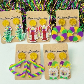 Wholesale 2 Pairs/pack Carnival Crocodile Lobster Love Acrylic  Mardi Gras Earrings