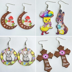 Wholesale 2 Pairs/Pack Easter Cute Mushroom Cross Wooden Earrings