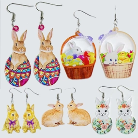 Wholesale 2 Pairs/Pack Easter Cute Printed Acrylic Earrings