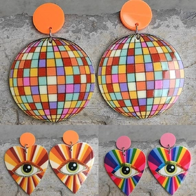 Wholesale 2 Pairs/Pack Heart Shape Eyes Rainbow Retro Disco Ball Acrylic Earrings