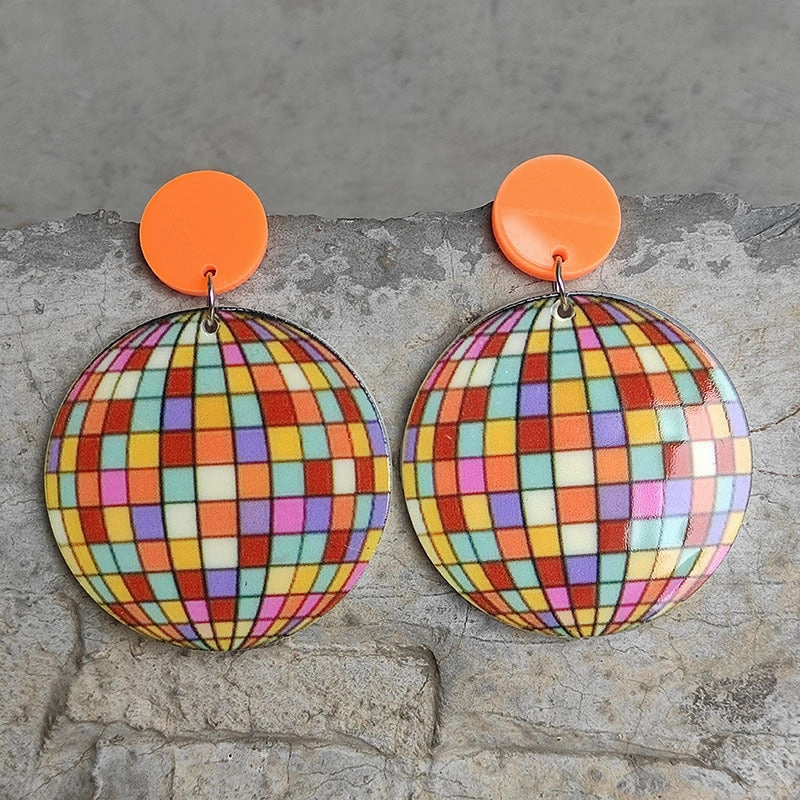 Wholesale 2 Pairs/Pack Heart Shape Eyes Rainbow Retro Disco Ball Acrylic Earrings