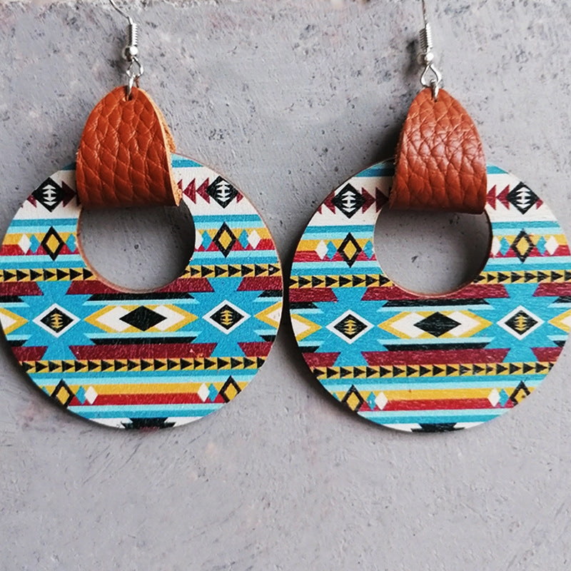 Wholesale 2 Pairs/Pack Leather Cutout Geometric Horse Aztec Wooden Earrings