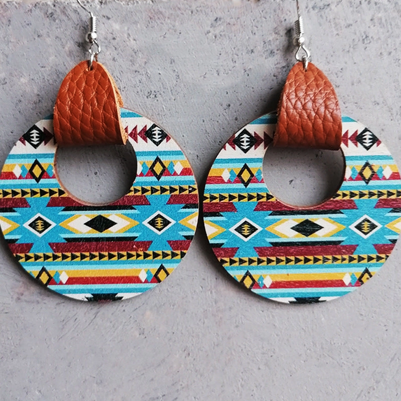 Wholesale 2 Pairs/Pack Leather Cutout Geometric Horse Aztec Wooden Earrings