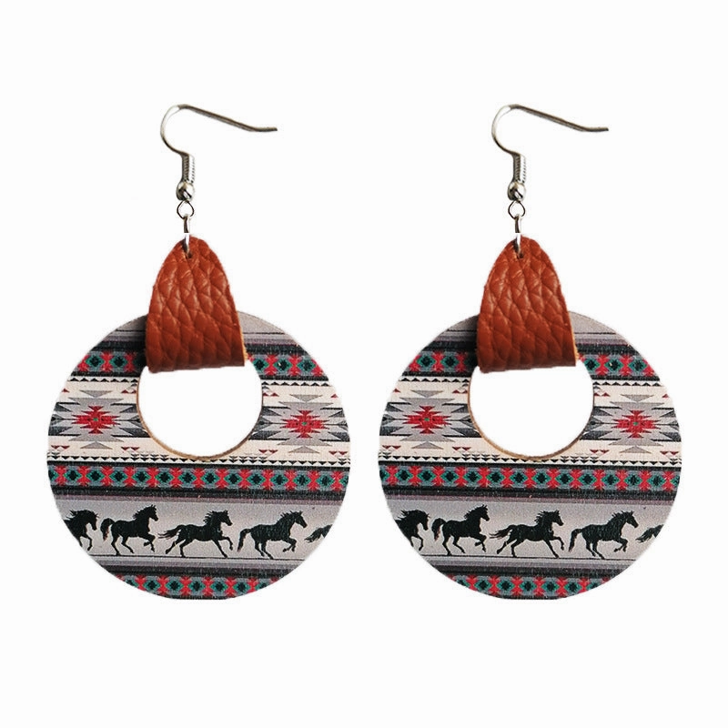 Wholesale 2 Pairs/Pack Leather Cutout Geometric Horse Aztec Wooden Earrings