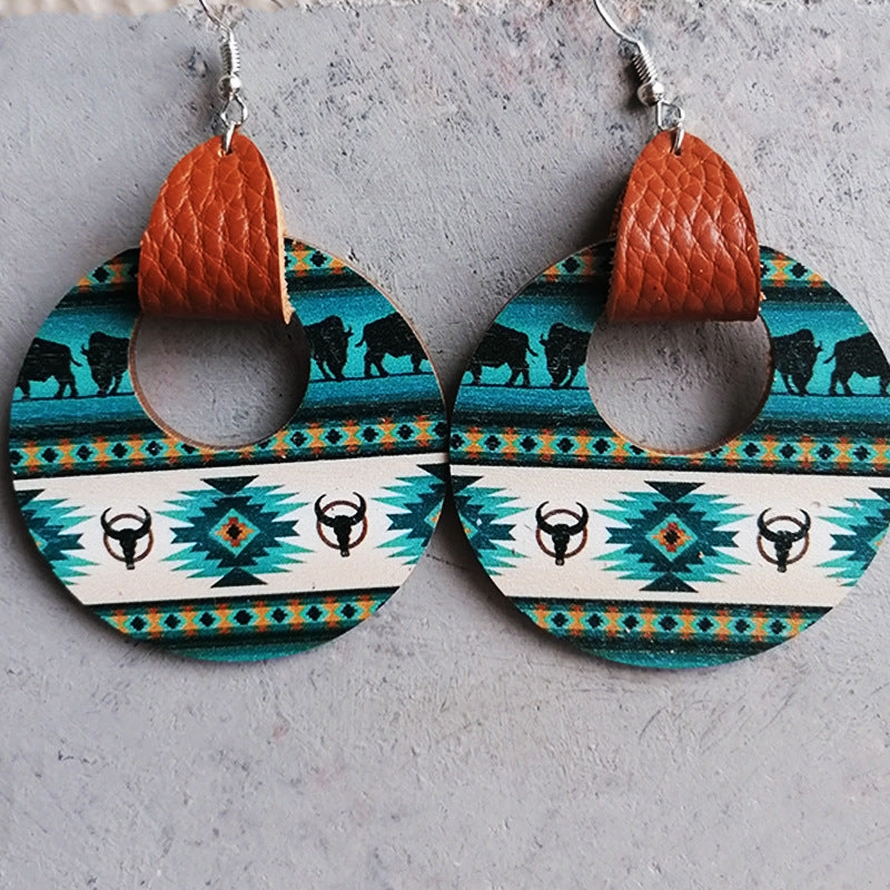 Wholesale 2 Pairs/Pack Leather Cutout Geometric Horse Aztec Wooden Earrings