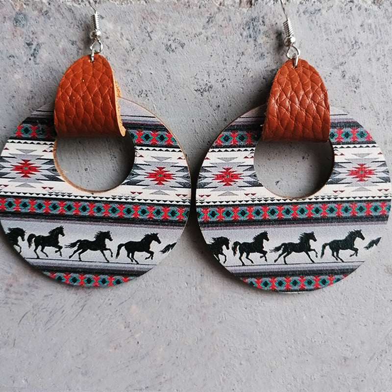 Wholesale 2 Pairs/Pack Leather Cutout Geometric Horse Aztec Wooden Earrings