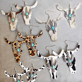 Wholesale 2 Pairs/Pack Leopard Cow Pattern Cactus Bull Head Alloy Leather Earrings
