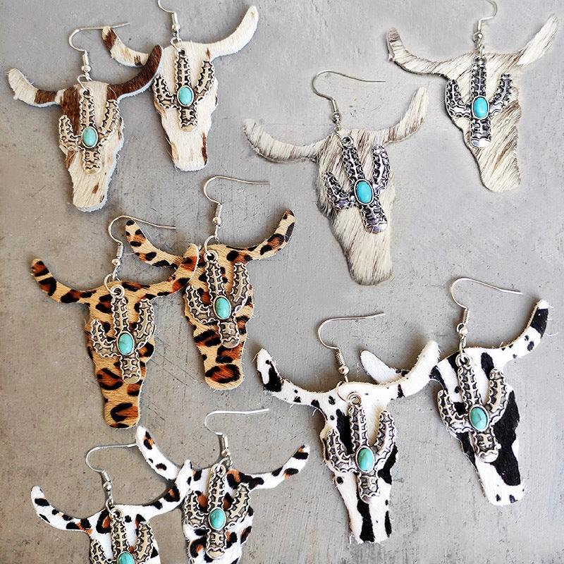 Wholesale 2 Pairs/Pack Leopard Cow Pattern Cactus Bull Head Alloy Leather Earrings