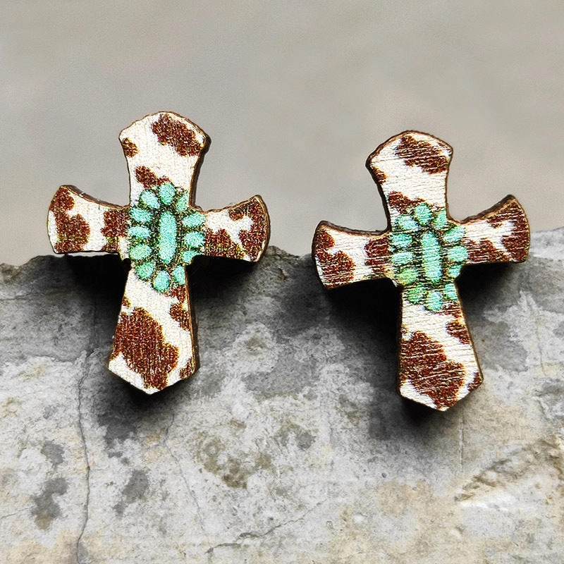 Wholesale 2 Pairs/Pack Leopard Print Lightning Bull Head Cross Earrings