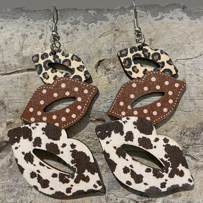 Wholesale 2 Pairs/Pack Lips Cowboy Boots Leopard Wood Iron Hook Earrings
