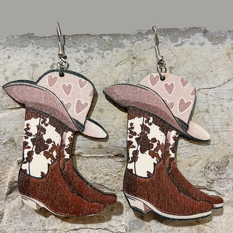 Wholesale 2 Pairs/Pack Lips Cowboy Boots Leopard Wood Iron Hook Earrings