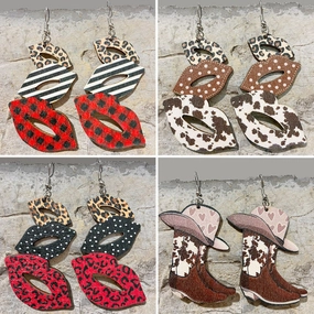 Wholesale 2 Pairs/Pack Lips Cowboy Boots Leopard Wood Iron Hook Earrings