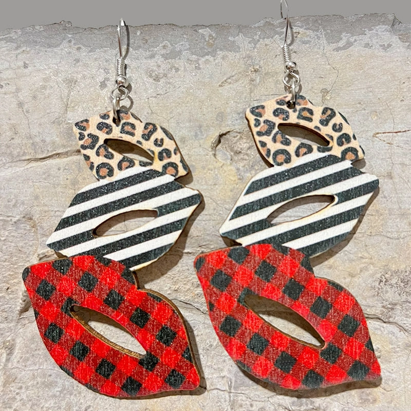 Wholesale 2 Pairs/Pack Lips Cowboy Boots Leopard Wood Iron Hook Earrings