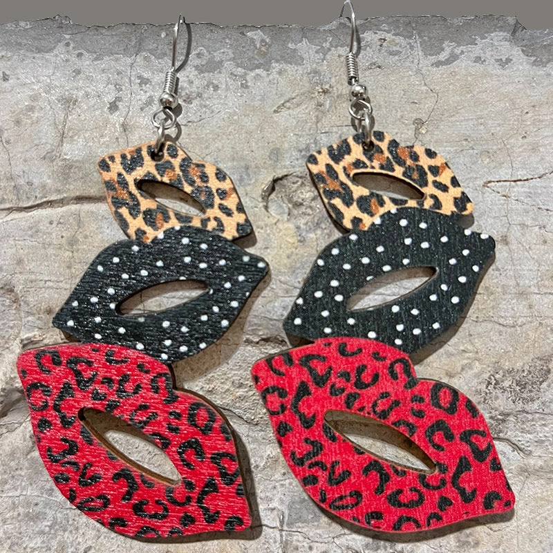 Wholesale 2 Pairs/Pack Lips Cowboy Boots Leopard Wood Iron Hook Earrings
