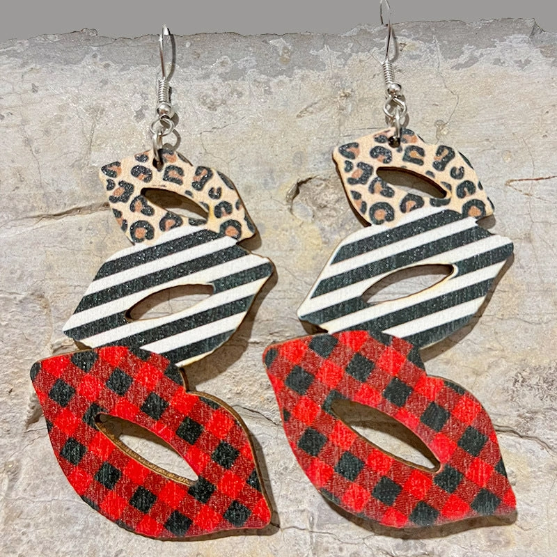 Wholesale 2 Pairs/Pack Lips Cowboy Boots Leopard Wood Iron Hook Earrings