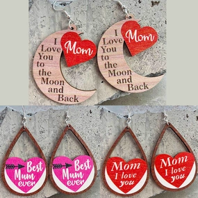 Wholesale 2 Pairs/Pack Mother's Day Water Drop Heart Wooden Earrings