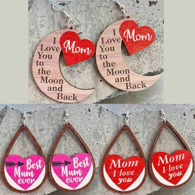 Wholesale 2 Pairs/Pack Mother's Day Water Drop Heart Wooden Earrings