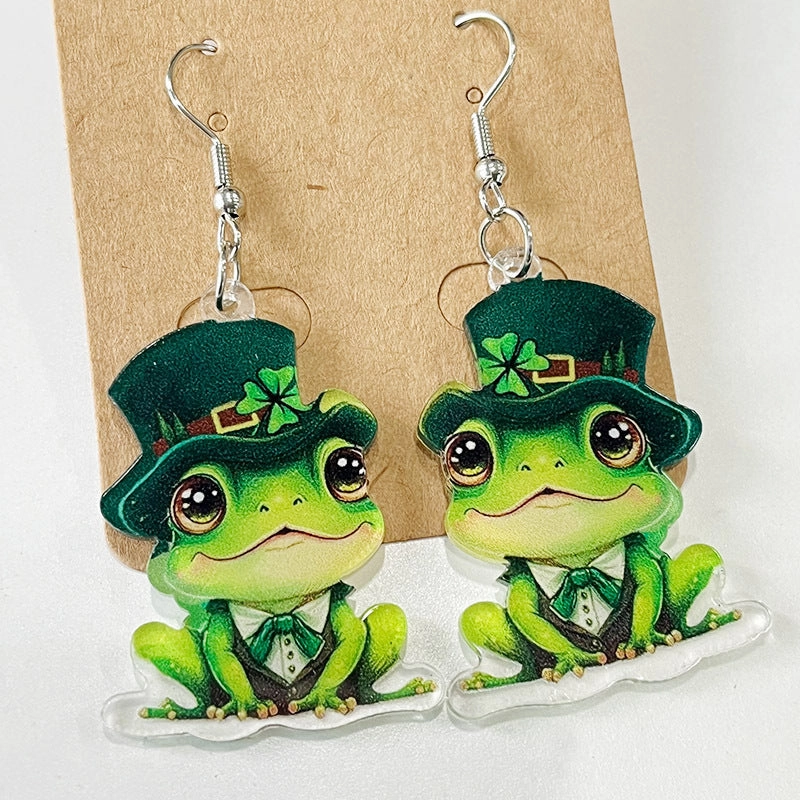 Wholesale 2 Pairs/pack St. Patrick's Day Green Animal Bow Acrylic Earrings
