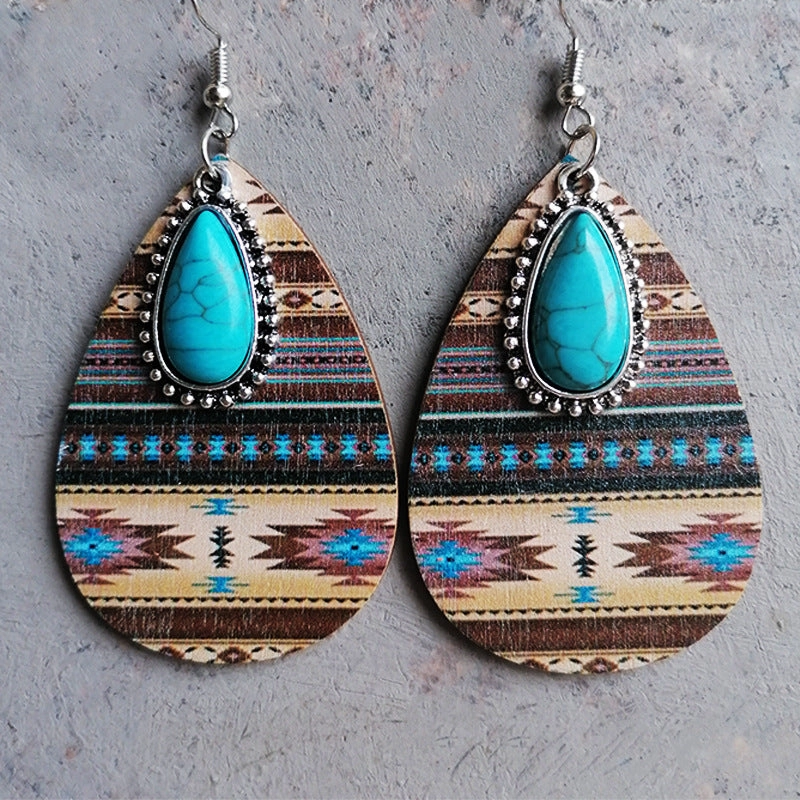 Wholesale  2 Pairs/Pack Turquoise Pendant Aztec Western Wooden Earrings