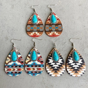 Wholesale 2 Pairs/Pack Turquoise Pendant Vintage Wood Earrings