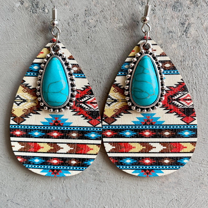 Wholesale 2 Pairs/Pack Turquoise Pendant Vintage Wood Earrings