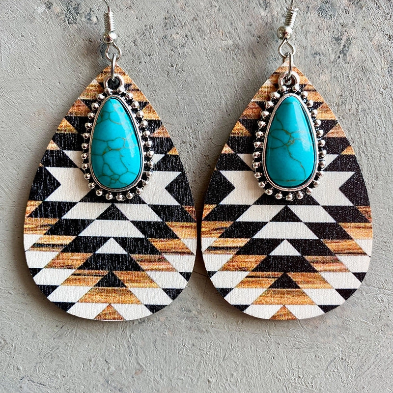 Wholesale 2 Pairs/Pack Turquoise Pendant Vintage Wood Earrings