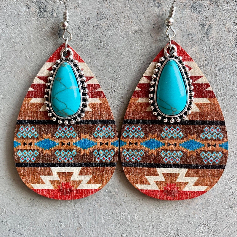 Wholesale 2 Pairs/Pack Turquoise Pendant Vintage Wood Earrings
