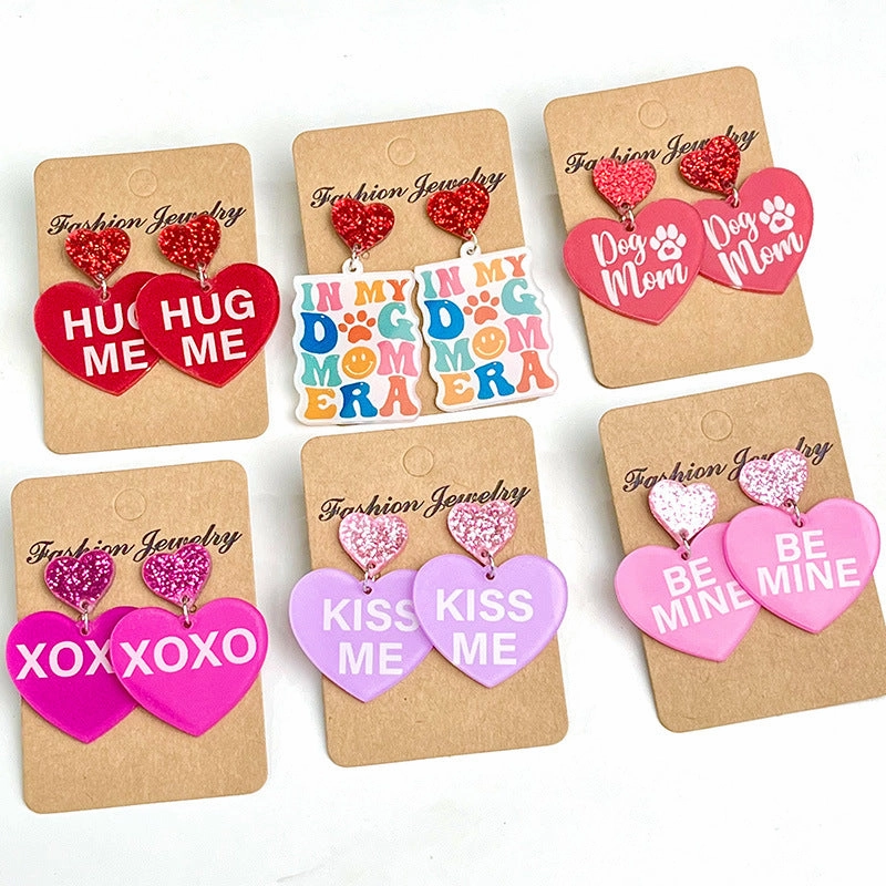 Wholesale 2 pairs/pack Valentine's Day Love Shiny Dog Mom Love Acrylic Earrings