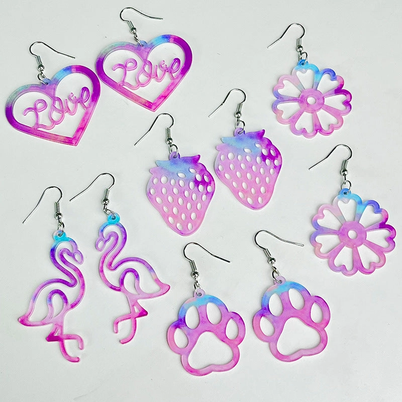 Wholesale 2 pairs/pack Valentine's Day Pink Smudge Flower Flamingo Strawberry Hollow Earrings