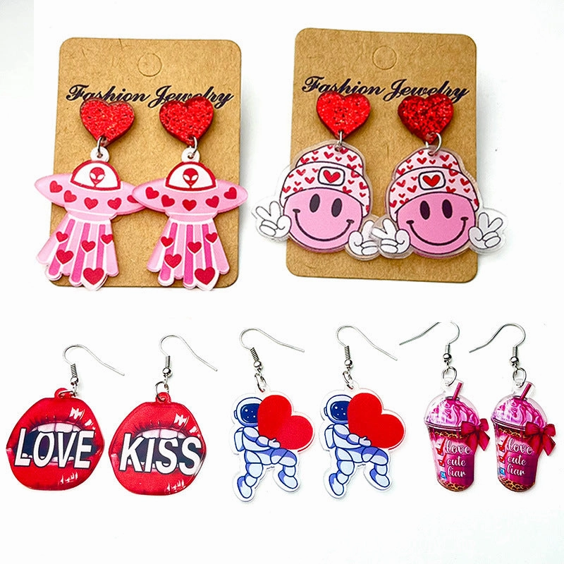 Wholesale 2 pairs/pack Valentine's Day Shiny Smiley Astronaut Spaceship Love Bow Earrings