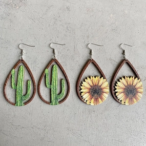 Wholesale 2 Pairs/Pack Western Sunflower Wood Earrings