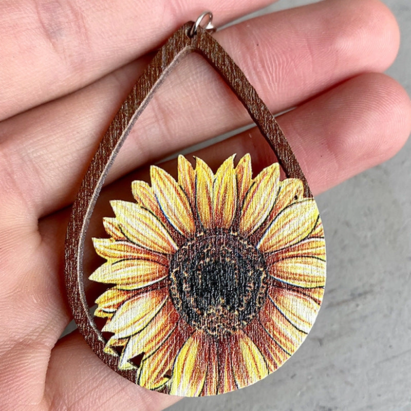 Wholesale 2 Pairs/Pack Western Sunflower Wood Earrings