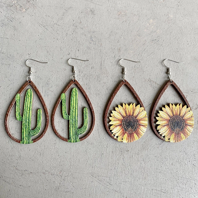 Wholesale 2 Pairs/Pack Western Sunflower Wood Earrings