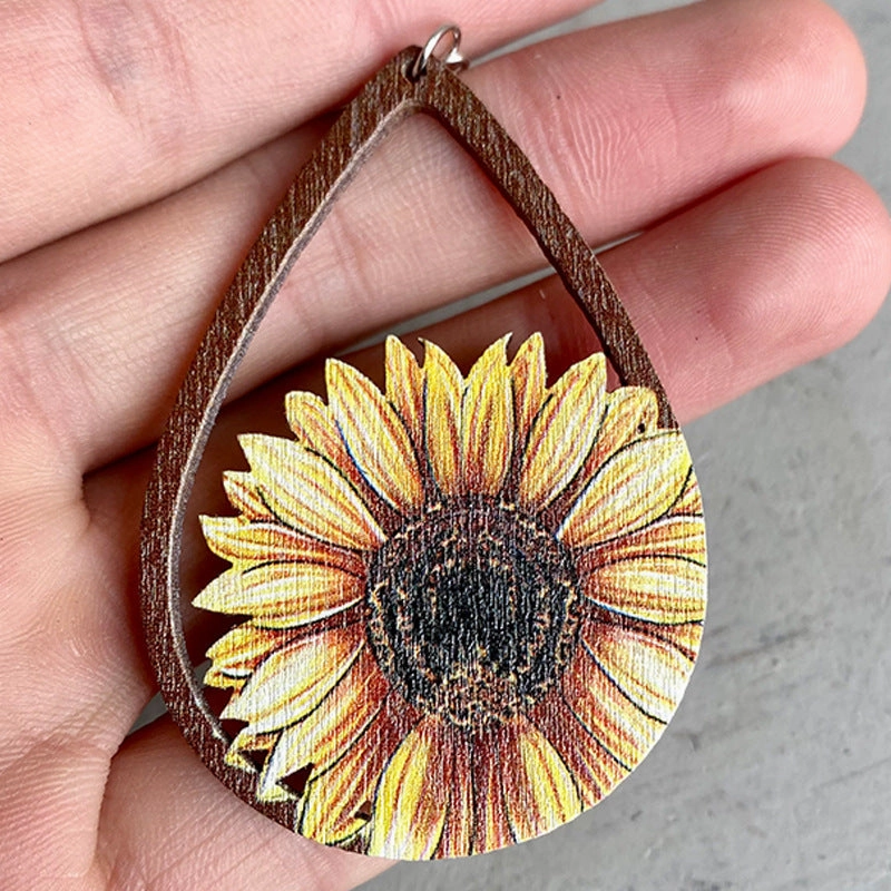 Wholesale 2 Pairs/Pack Western Sunflower Wood Earrings