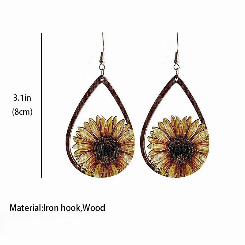Wholesale 2 Pairs/Pack Western Sunflower Wood Earrings