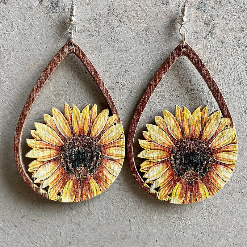 Wholesale 2 Pairs/Pack Western Sunflower Wood Earrings