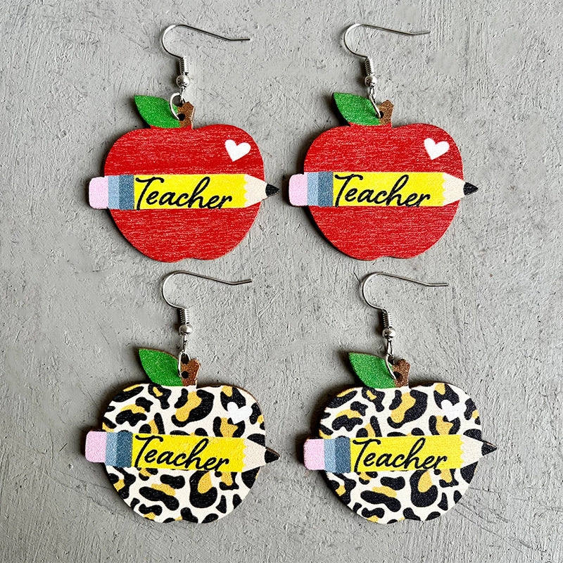 Wholesale 2 Pairs/Pack Wooden Print Leopard Apple Earrings