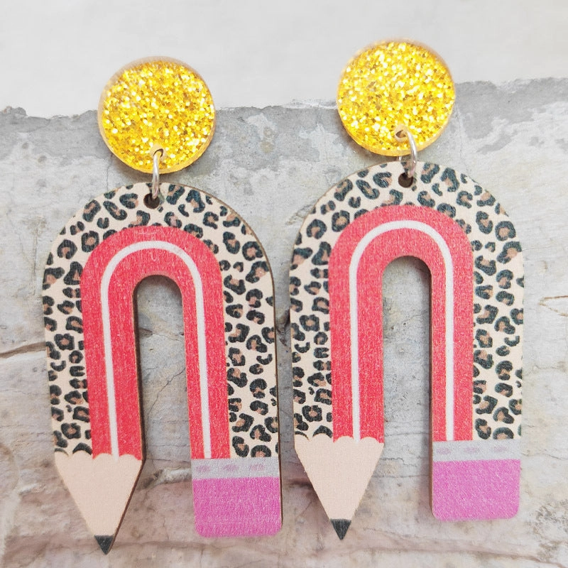 Wholesale 2 Pairs/Pack Wooden Printing Pencil U Shape Leopard Print Color Matching Earrings