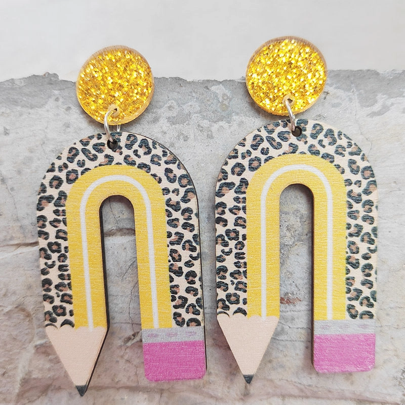 Wholesale 2 Pairs/Pack Wooden Printing Pencil U Shape Leopard Print Color Matching Earrings