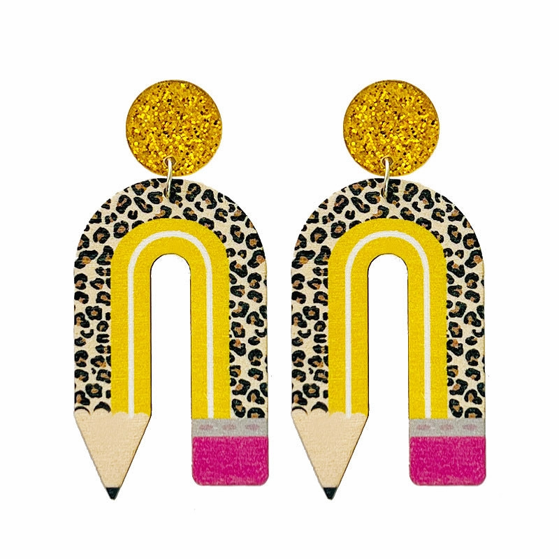 Wholesale 2 Pairs/Pack Wooden Printing Pencil U Shape Leopard Print Color Matching Earrings