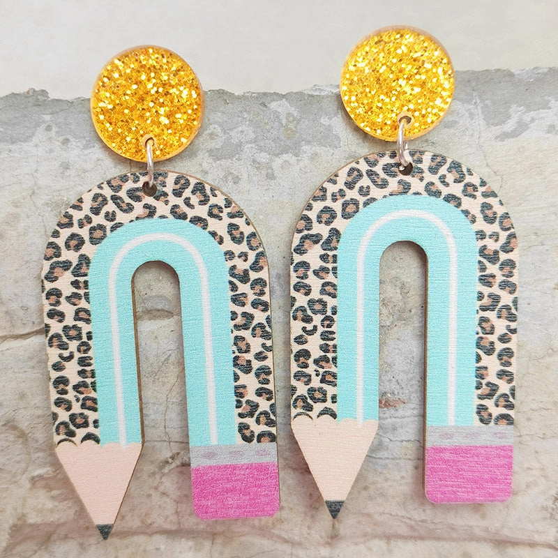 Wholesale 2 Pairs/Pack Wooden Printing Pencil U Shape Leopard Print Color Matching Earrings