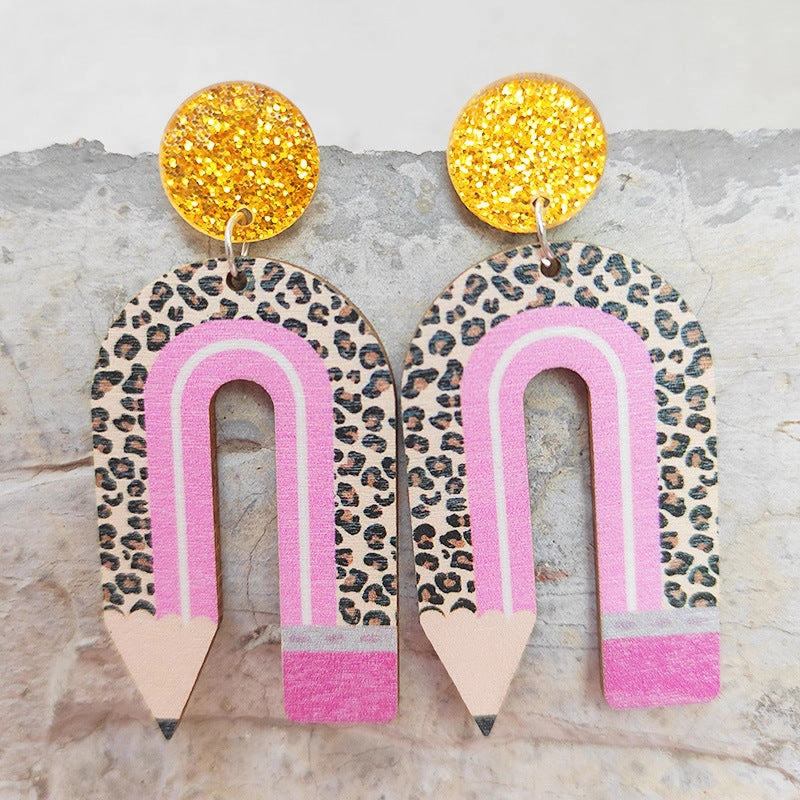 Wholesale 2 Pairs/Pack Wooden Printing Pencil U Shape Leopard Print Color Matching Earrings