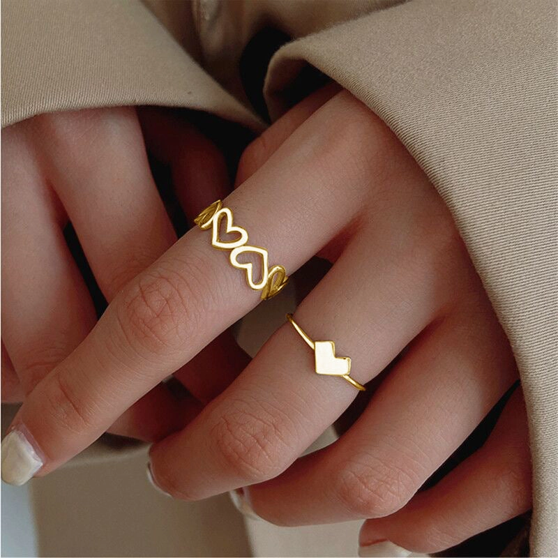 Wholesale 2-piece Set of Smooth Heart Hollow Alloy Rings