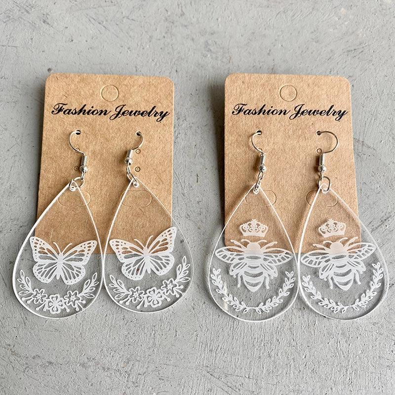 Wholesale 2pairs/pack Acrylic Transparent Water Drop Bee Butterfly Earrings
