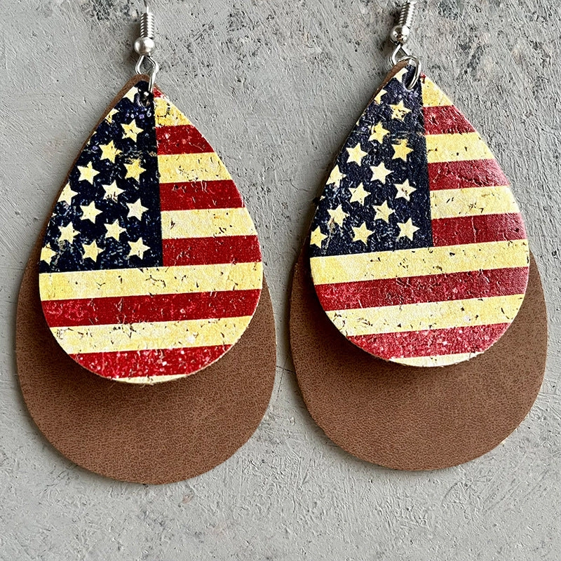Wholesale 2pairs/pack American Flag Leopard Print Western Teardrop Leather Earrings