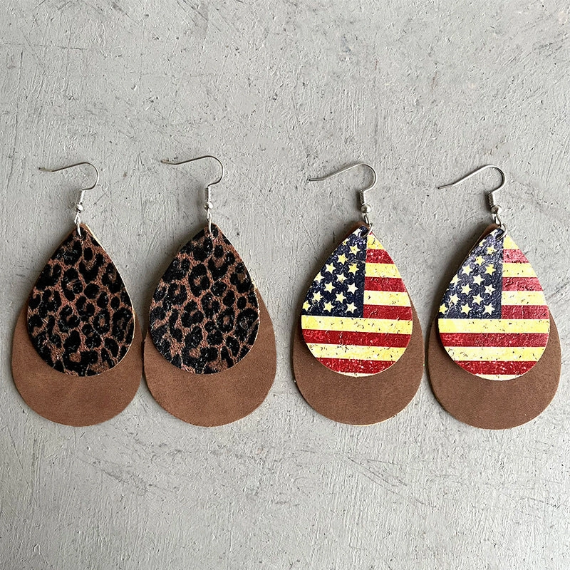Wholesale 2pairs/pack American Flag Leopard Print Western Teardrop Leather Earrings