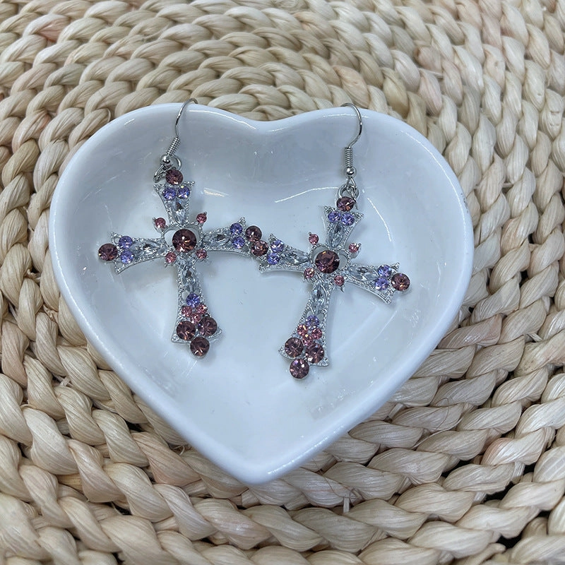 Wholesale 2pairs/pack Bohemian Style Crystal Diamond Color Cross Earrings